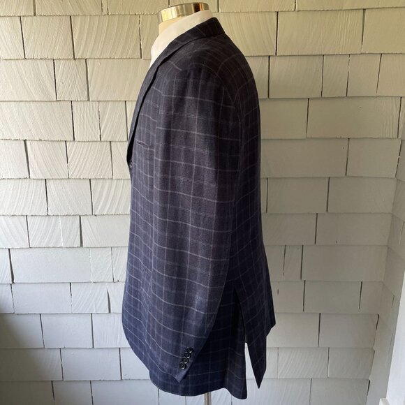 Faconnable Blue & White Plaid Wool Silk Linen 3-Button Mens Blazer Size 48 - Picture 4 of 10